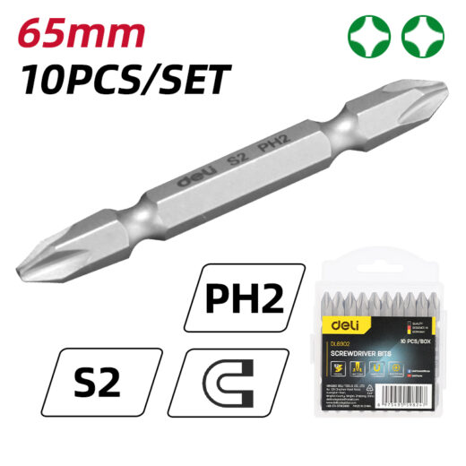 Deli EDL6902 Screwdriver Bits PH2×65mm 10 Pcs High Torque Magnetic