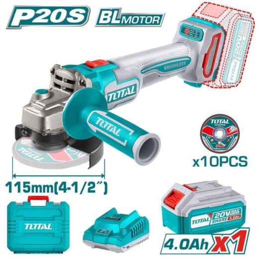 TOTAL TAGLI211541 Cordless Angle Grinder – 20V Compact Cutting & Grinding Tool