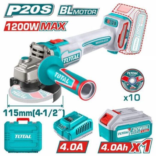 TOTAL TAGLI2211531 Cordless Angle Grinder – 20V High Power Cutting & Grinding Tool