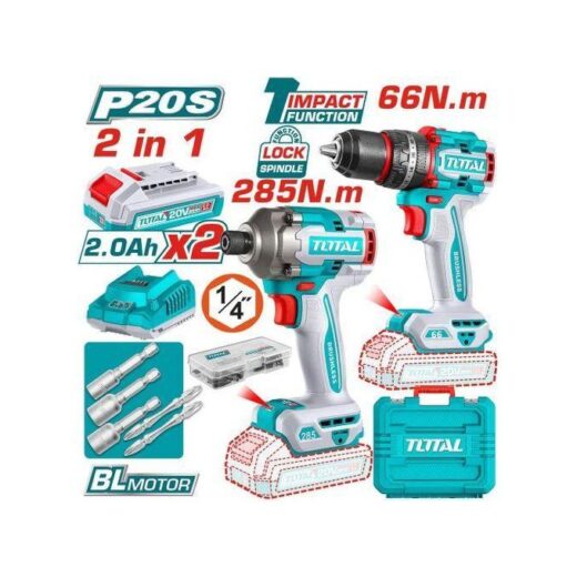 TOTAL TCKLI20286 Cordless Combo Kit – 20V Power Tool Set for Drilling & Fastening