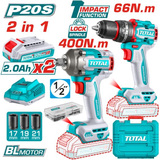 TOTAL TCKLI20275 Cordless Combo Kit – 20V Power Tool Set for Drilling & Fastening