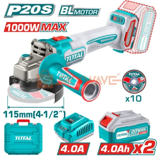 TOTAL TAGLI271532 20V Cordless Angle Grinder – 1000W Brushless