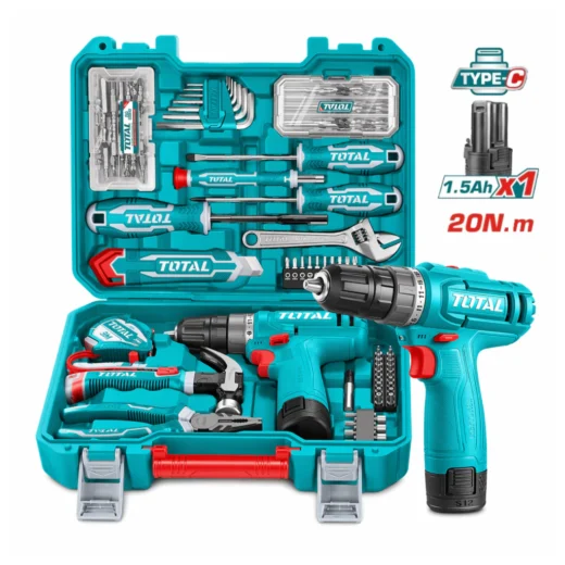 TOTAL THKTHP41487 148-Piece Tool Set – 12V Cordless Drill and Accessories